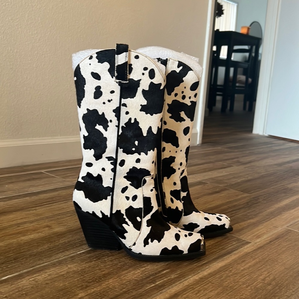 Jeffrey Campbell cow print cowboy boots